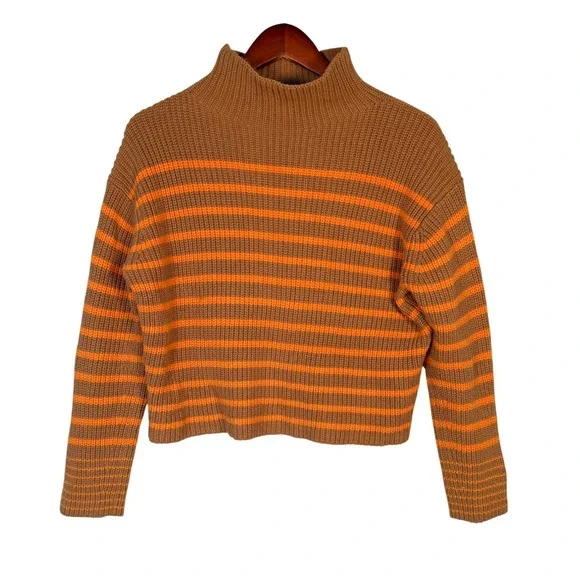 Ann Taylor Petite Brown Orange Striped Mock Neck Ribbed Knit Sweater SP - Picture 2 of 5